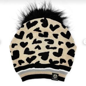 FURLUX Leopard Print Real Fur Pom Pom Beanie Hat Grey Women’s One Size Like New